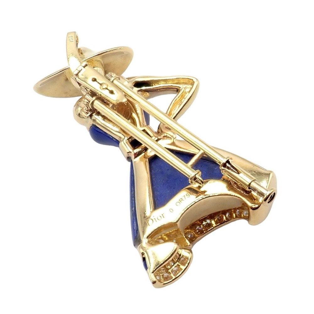 Authentic! Christian Dior 18k Yellow Gold Diamond Lapis Lady Dior Brooch Pendant - Picture 2 of 12